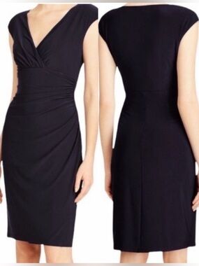 EUC Ralph Lauren Faux-Wrap Jersey Midi Sheath Dress Black Empire Size 12 Party